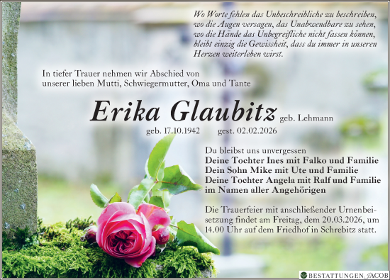 Traueranzeige von Erika Glaubitz von Sächsische Zeitung