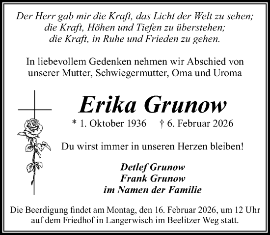Traueranzeige von Erika Grunow von Märkischen Allgemeine Zeitung