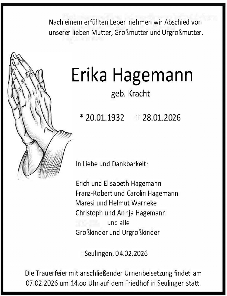  Traueranzeige für Erika Hagemann vom 04.02.2026 aus Eichsfelder Tageblatt