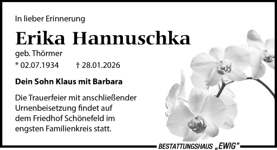 Traueranzeige von Erika Hannuschka von Leipziger Volkszeitung