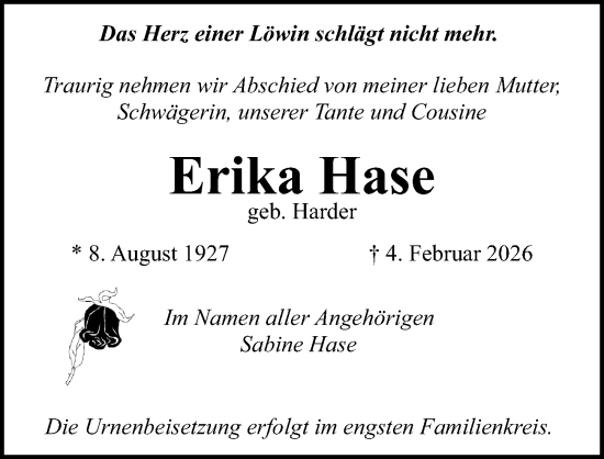 Traueranzeige von Erika Hase von Ostsee-Zeitung GmbH