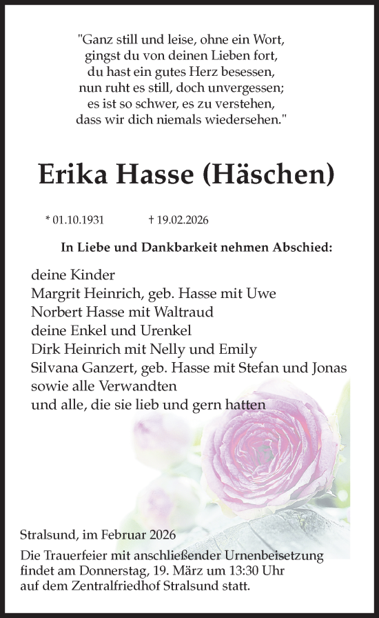 Traueranzeige von Erika Hasse von Ostsee-Zeitung GmbH