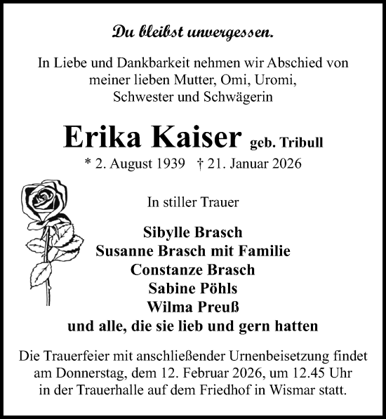 Traueranzeige von Erika Kaiser von Ostsee-Zeitung GmbH