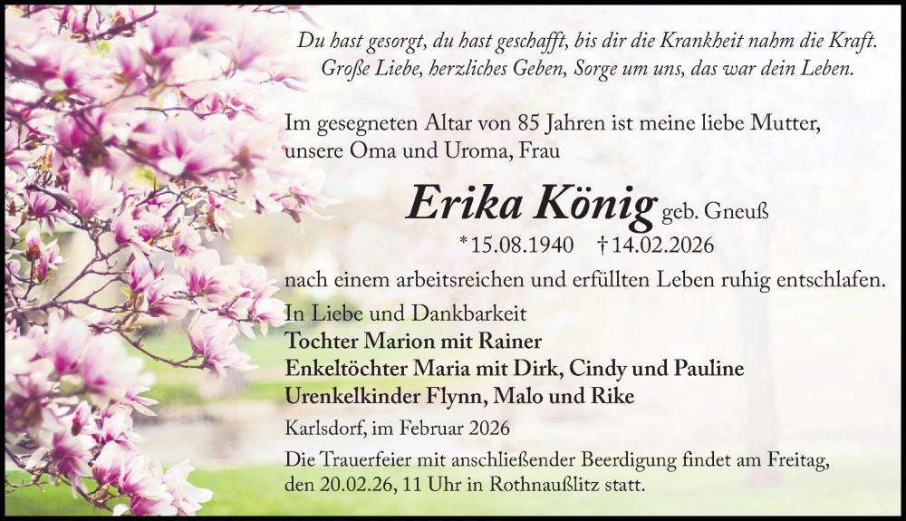  Traueranzeige für Erika König vom 18.02.2026 aus Sächsische Zeitung