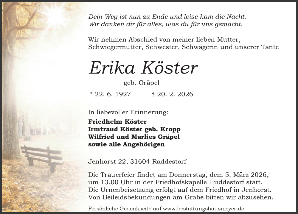  Traueranzeige für Erika Köster vom 28.02.2026 aus Die Harke