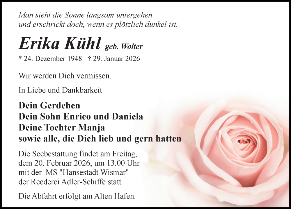  Traueranzeige für Erika Kühl vom 07.02.2026 aus Ostsee-Zeitung GmbH