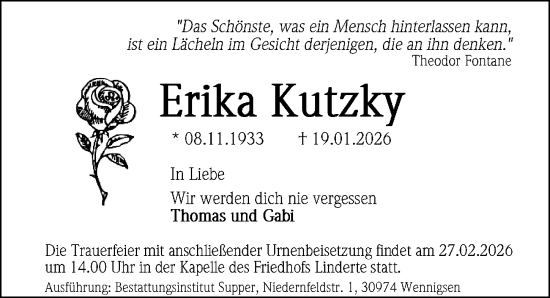 Traueranzeige von Erika Kutzky von Hannoversche Allgemeine Zeitung/Neue Presse