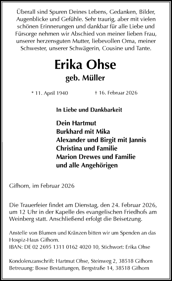 Traueranzeige von Erika Ohse von Aller Zeitung