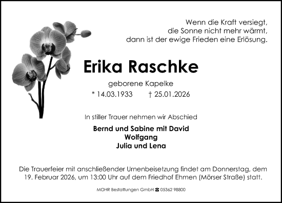 Traueranzeige von Erika Raschke von Aller Zeitung