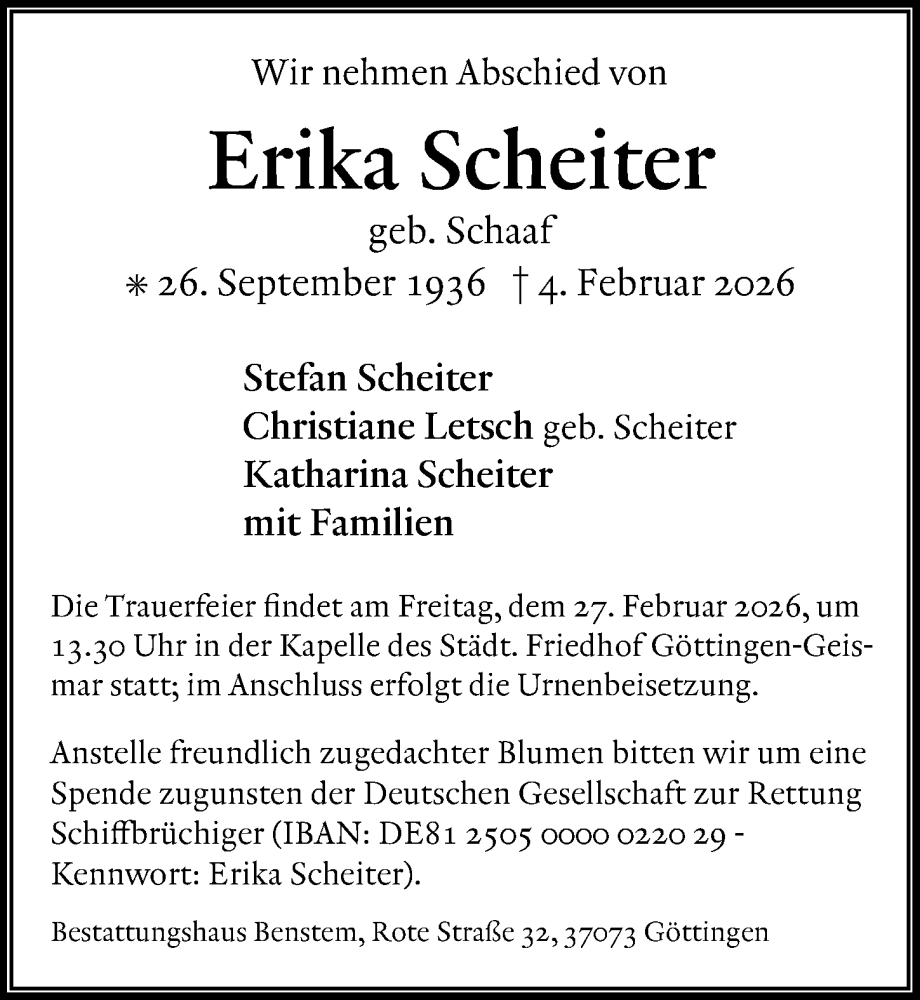 Traueranzeige für Erika Scheiter vom 21.02.2026 aus Göttinger Tageblatt