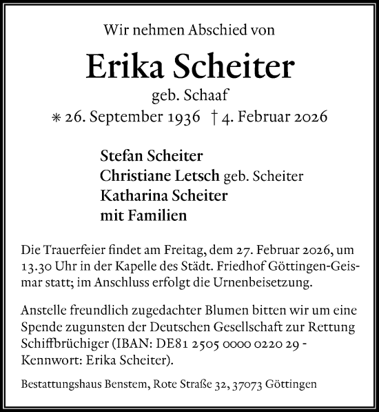Traueranzeige von Erika Scheiter von Göttinger Tageblatt