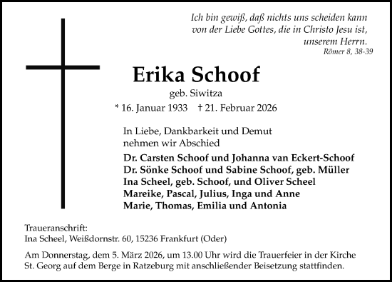 Traueranzeige von Erika Schoof von Lübecker Nachrichten