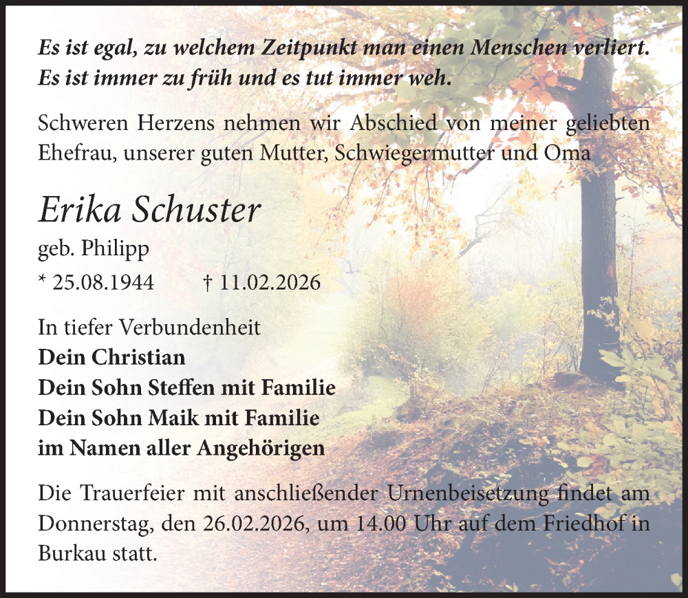  Traueranzeige für Erika Schuster vom 21.02.2026 aus Sächsische Zeitung