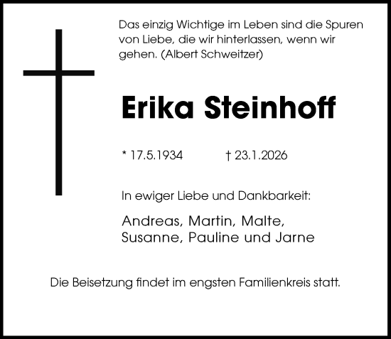 Traueranzeige von Erika Steinhoff von Lübecker Nachrichten