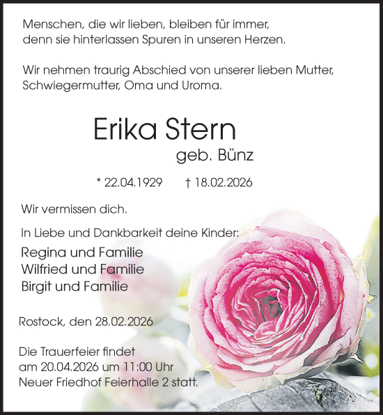 Traueranzeige von Erika Stern von Ostsee-Zeitung GmbH