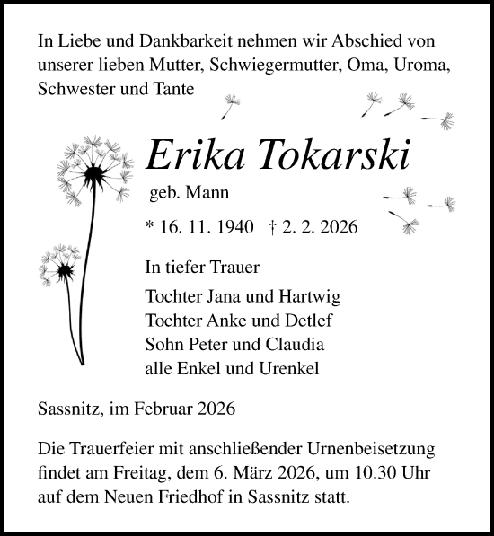 Traueranzeige von Erika Tokarski von Ostsee-Zeitung GmbH