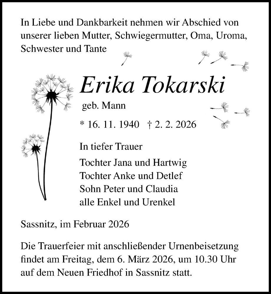  Traueranzeige für Erika Tokarski vom 07.02.2026 aus Ostsee-Zeitung GmbH