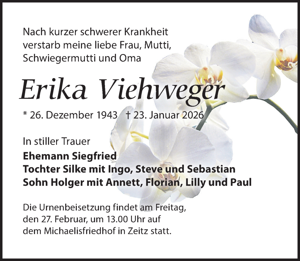  Traueranzeige für Erika Viehweger vom 14.02.2026 aus Leipziger Volkszeitung
