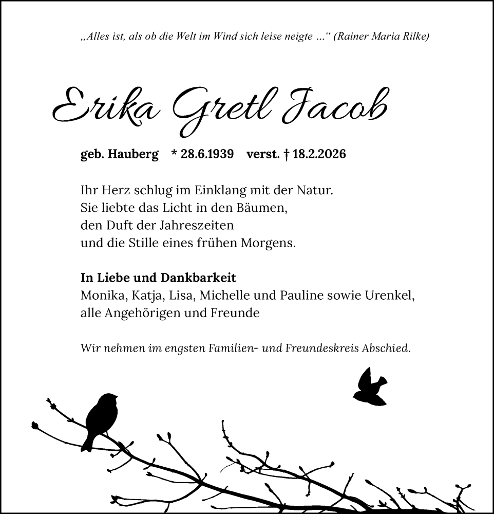  Traueranzeige für Erika Gretl Jacob vom 28.02.2026 aus Kieler Nachrichten