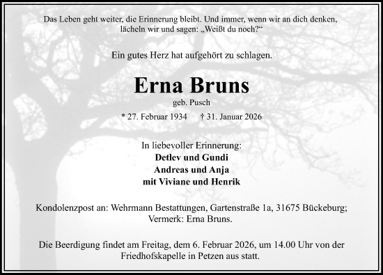 Traueranzeige von Erna Bruns von Schaumburger Nachrichten