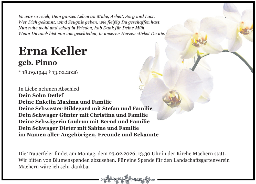  Traueranzeige für Erna Keller vom 21.02.2026 aus Leipziger Volkszeitung