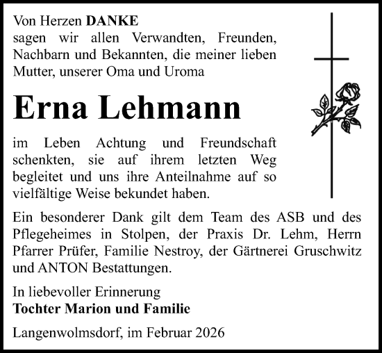 Traueranzeige von Erna Lehmann von Sächsische Zeitung