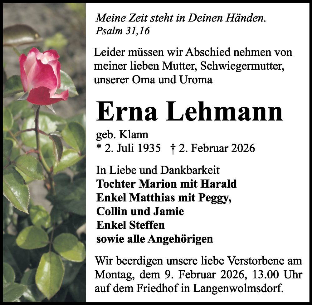  Traueranzeige für Erna Lehmann vom 07.02.2026 aus Sächsische Zeitung