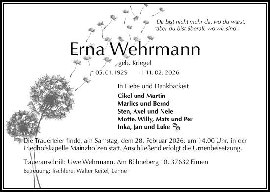 Traueranzeige von Erna Wehrmann von Täglicher Anzeiger Holzminden
