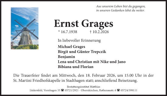 Traueranzeige von Ernst Grages von Schaumburger Nachrichten