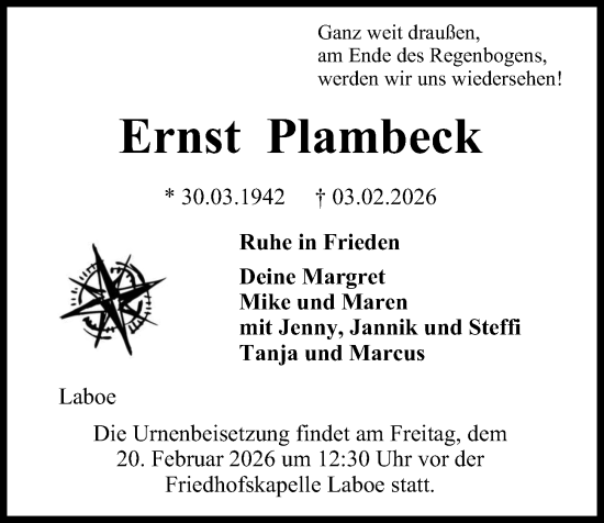 Traueranzeige von Ernst Plambeck von Kieler Nachrichten