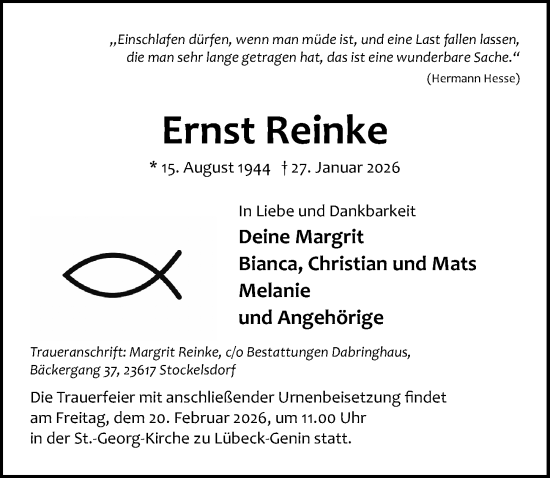 Traueranzeige von Ernst Reinke von Lübecker Nachrichten