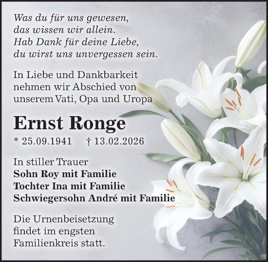 Traueranzeige von Ernst Ronge von Sächsische Zeitung