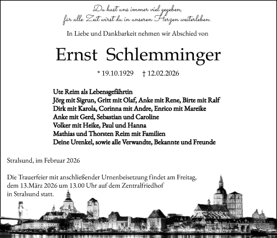 Traueranzeige von Ernst Schlemminger von Ostsee-Zeitung GmbH