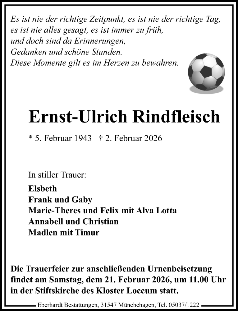  Traueranzeige für Ernst-Ulrich Rindfleisch vom 14.02.2026 aus Die Harke