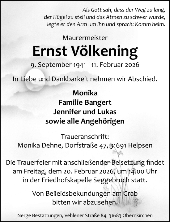Traueranzeige von Ernst Völkening von Schaumburger Nachrichten