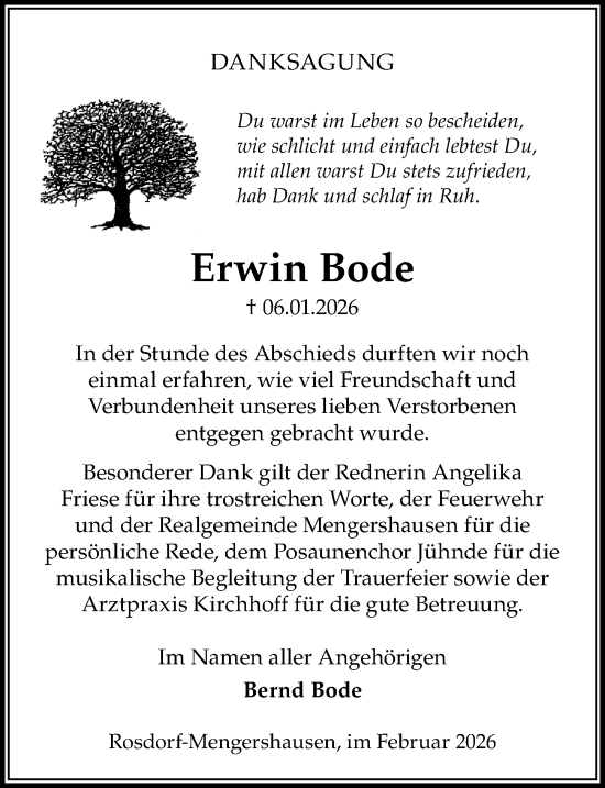 Traueranzeige von Erwin Bode von Göttinger Tageblatt