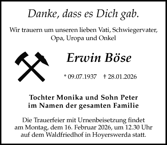 Traueranzeige von Erwin Böse von Sächsische Zeitung