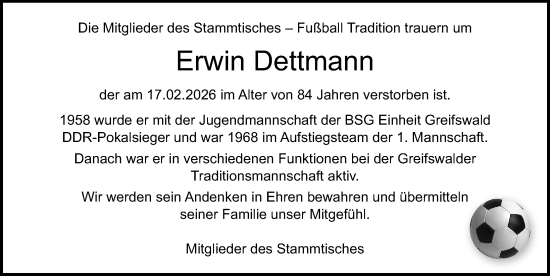 Traueranzeige von Erwin Dettmann von Ostsee-Zeitung GmbH