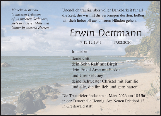 Traueranzeige von Erwin Dettmann von Ostsee-Zeitung GmbH