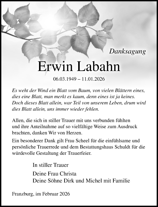 Traueranzeige von Erwin Labahn von Ostsee-Zeitung GmbH