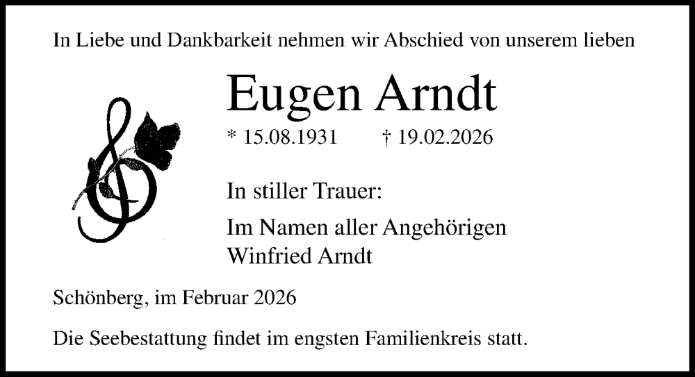  Traueranzeige für Eugen Arndt vom 28.02.2026 aus Ostsee-Zeitung GmbH