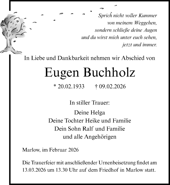 Traueranzeige von Eugen Buchholz von Ostsee-Zeitung GmbH
