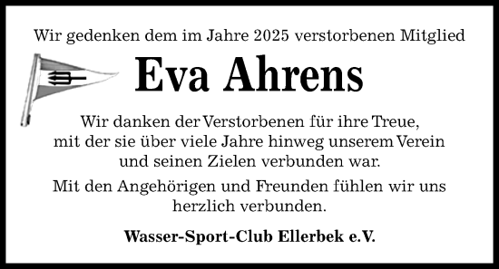 Traueranzeige von Eva Ahrens von Kieler Nachrichten