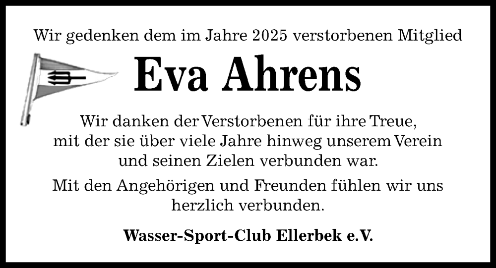  Traueranzeige für Eva Ahrens vom 07.02.2026 aus Kieler Nachrichten