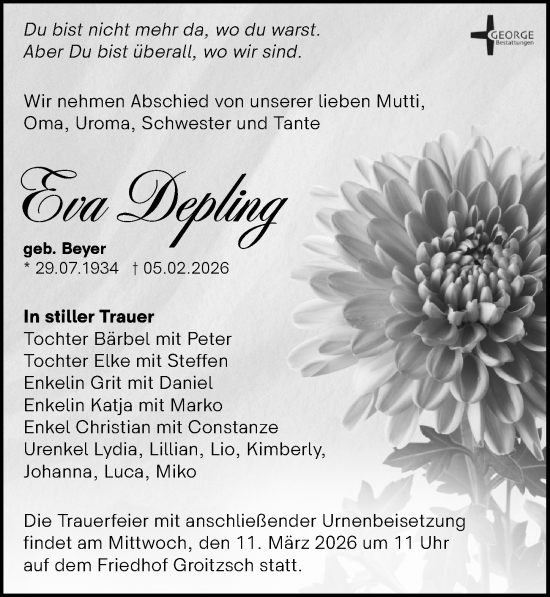 Traueranzeige von Eva Depling von Leipziger Volkszeitung
