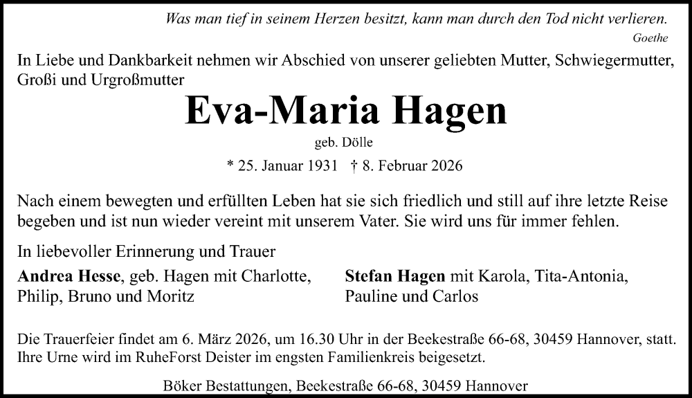  Traueranzeige für Eva-Maria Hagen vom 21.02.2026 aus Hannoversche Allgemeine Zeitung/Neue Presse