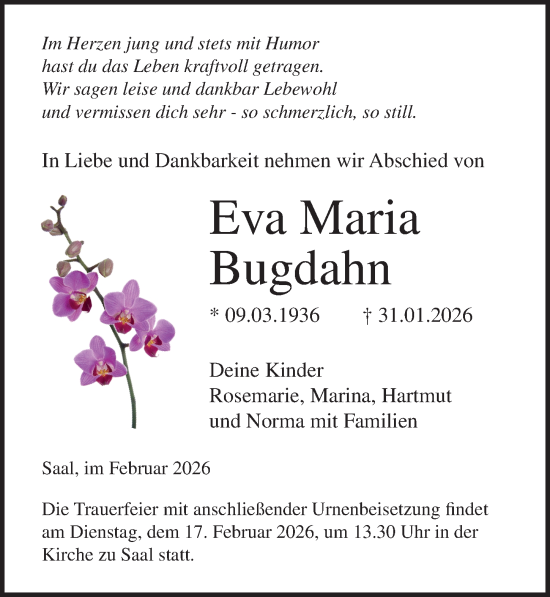 Traueranzeige von Eva Maria Bugdahn von Ostsee-Zeitung GmbH