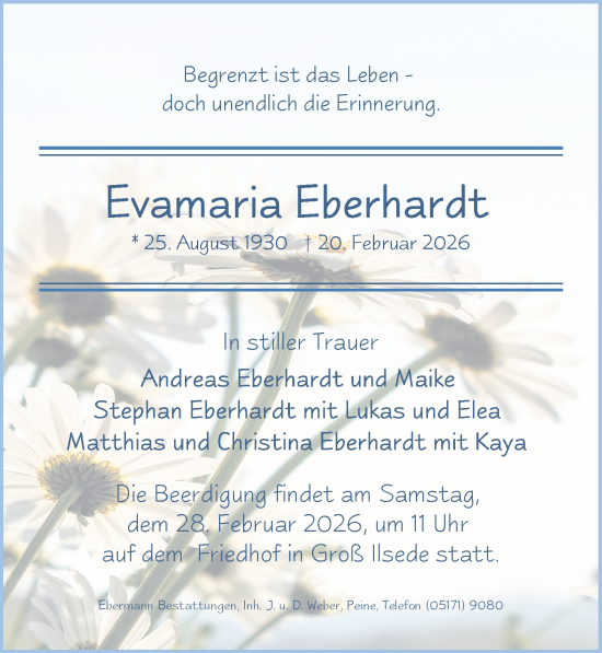 Traueranzeige von Evamaria Eberhardt von Peiner Allgemeine Zeitung