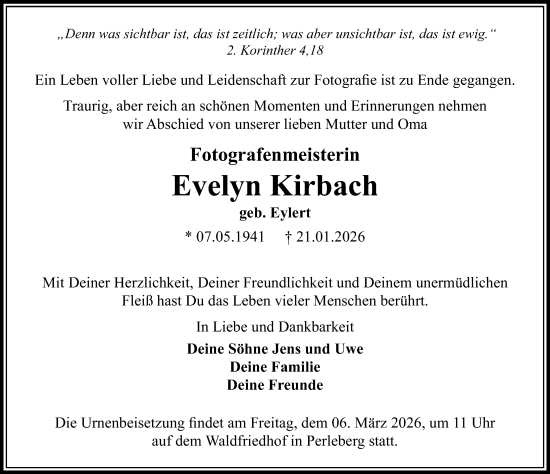Traueranzeige von Evelyn Kirbach von Wochenspiegel
