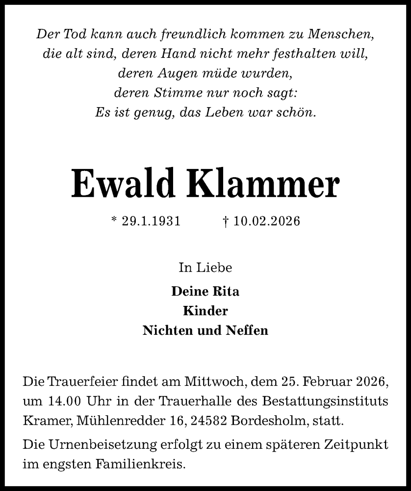  Traueranzeige für Ewald Klammer vom 21.02.2026 aus Kieler Nachrichten